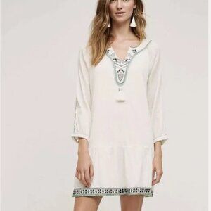 Anthropologie FANNEL Cream Embroidered Shift Dress with Tassel Size S